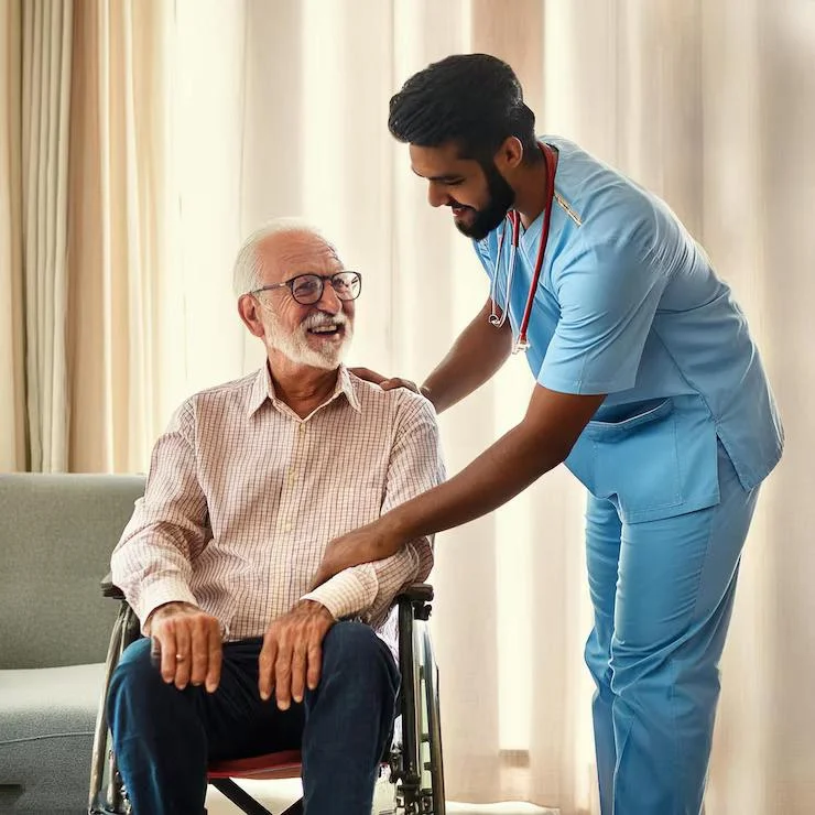 Senior smiling warmly during home companion care