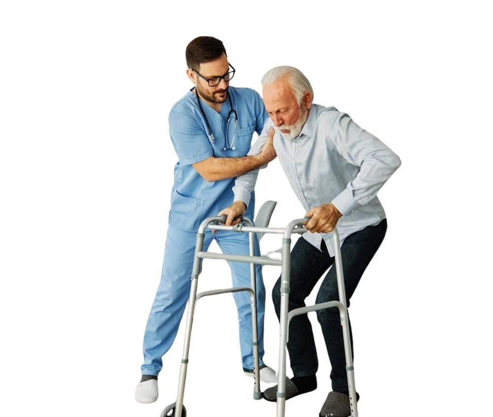 Caregiver gently assisting senior grandfather walking with cane
